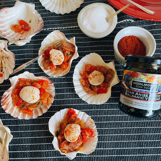Tapas Chorizo Scallops w. Star Anise Sticky Balsamic