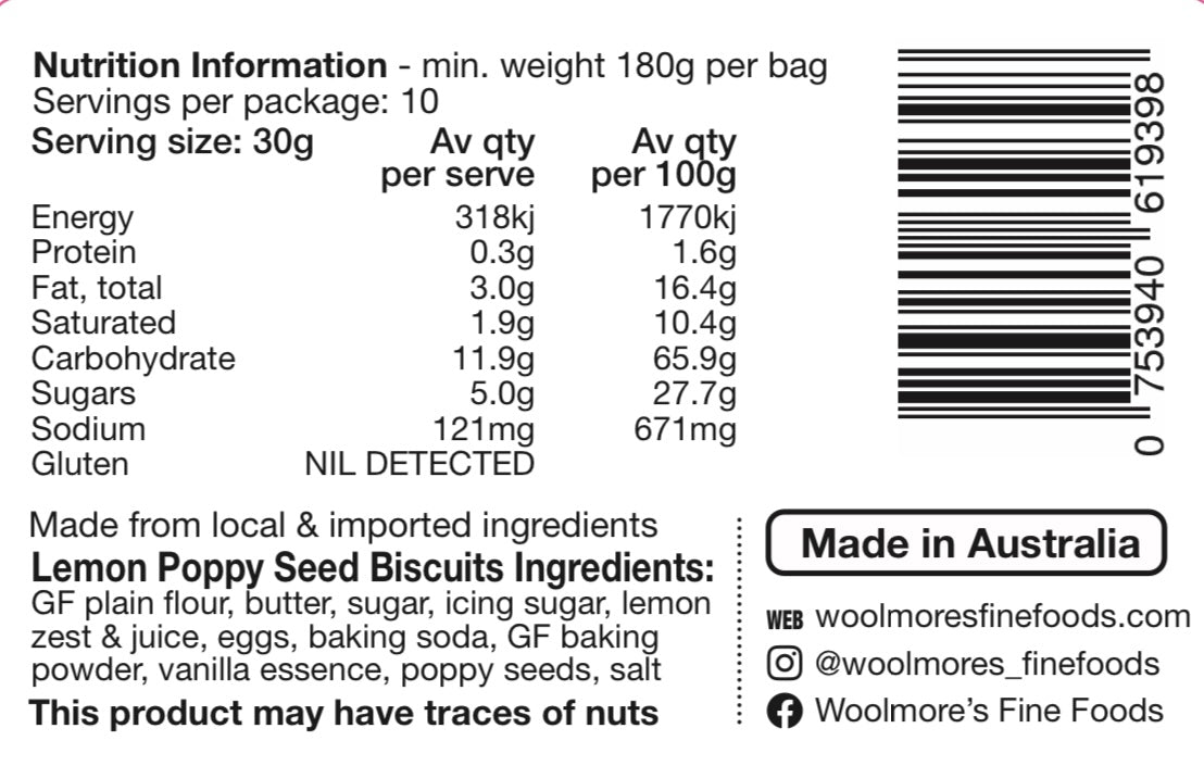 Gluten Free Lemon Poppy Seed Biscuits 180gm